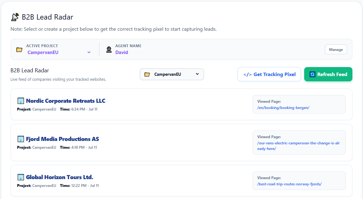 B2B Radar Results Dashboard showing corporate leads